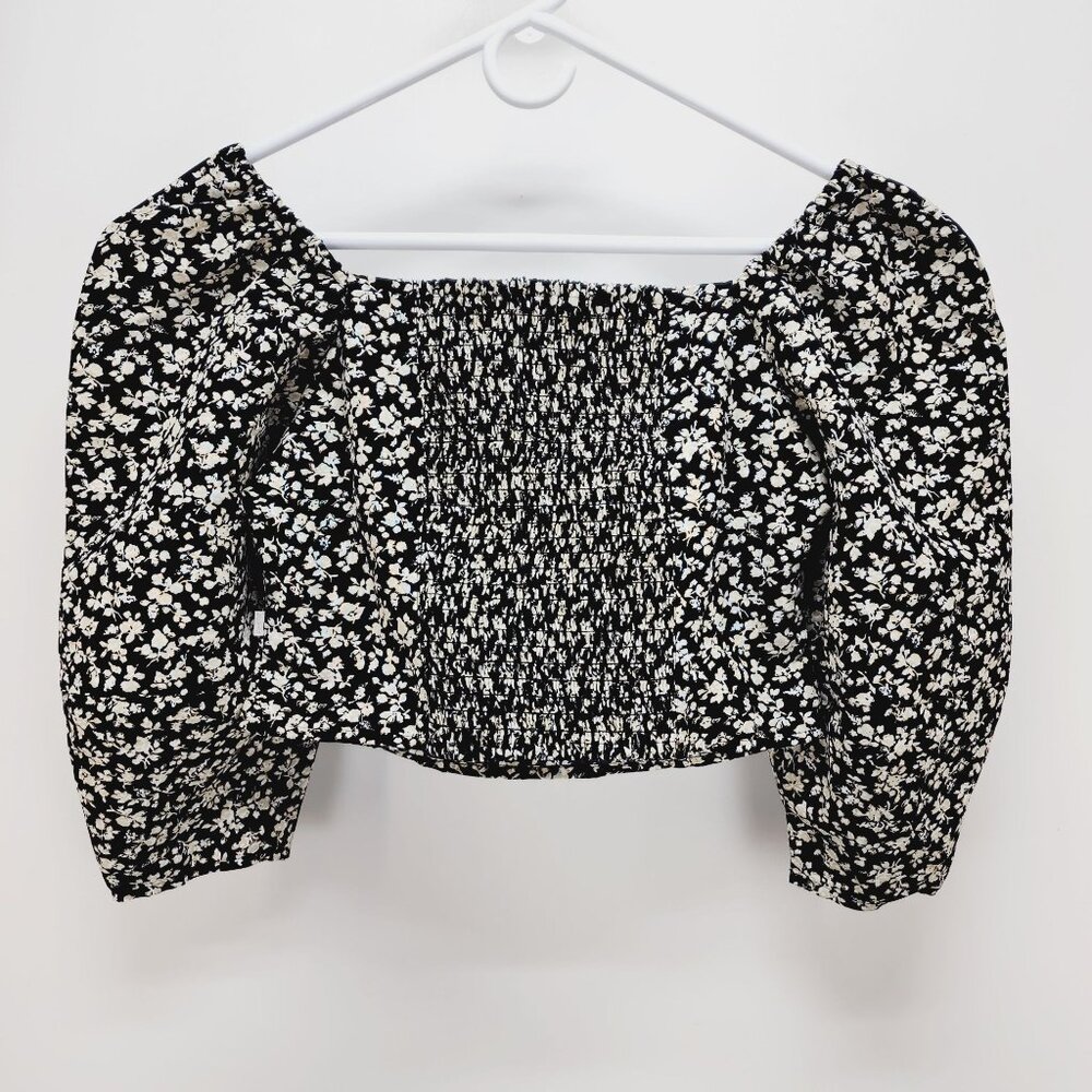 Levi's Floral Cropped Top Women's Size S Black Beige Square Neck Puff Sleeves - Picture 2 of 11